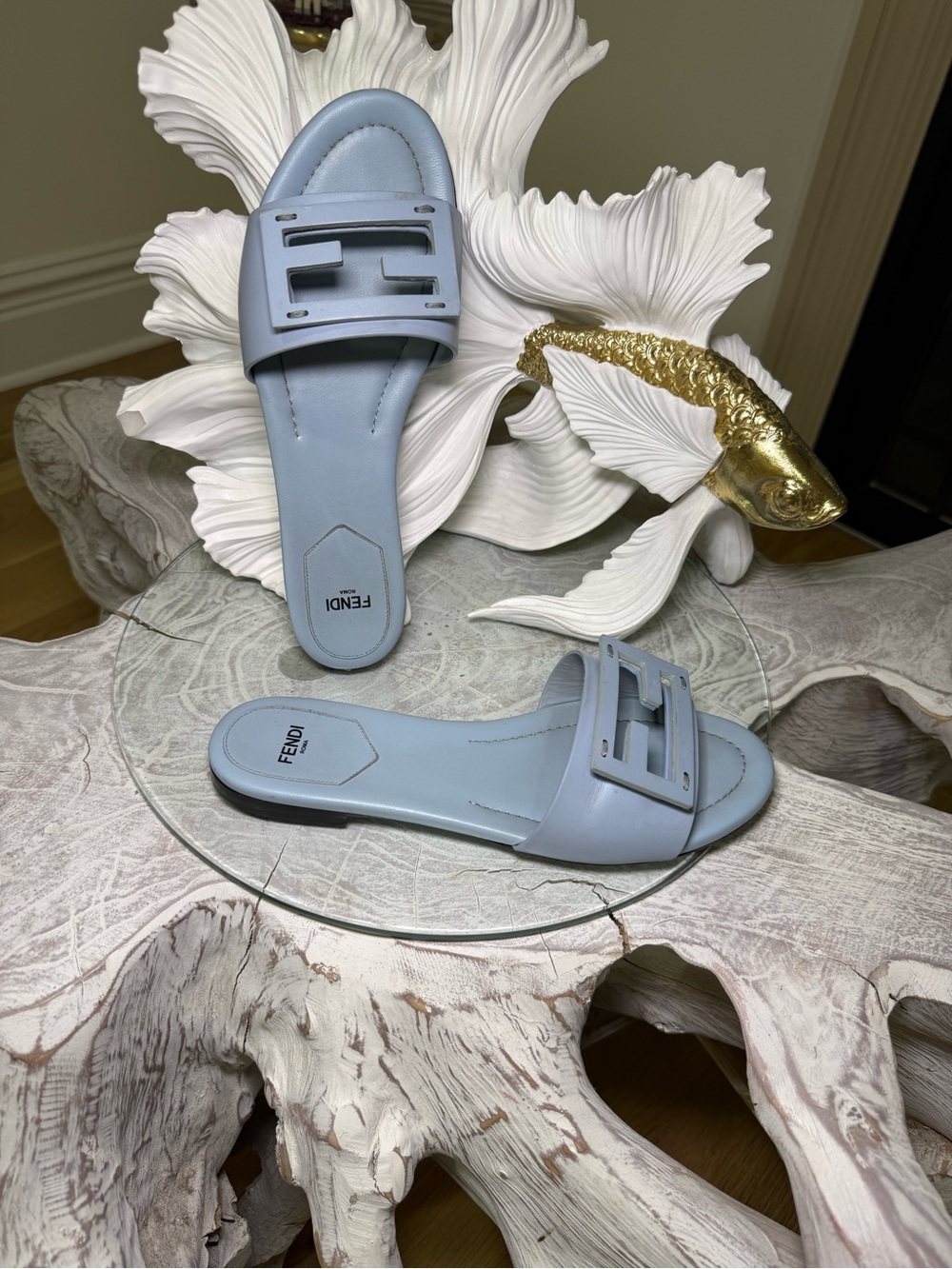 Fendi FF Baguette Baby Blue Leather Sandal Slides. Authentic! - Picture 2 of 12